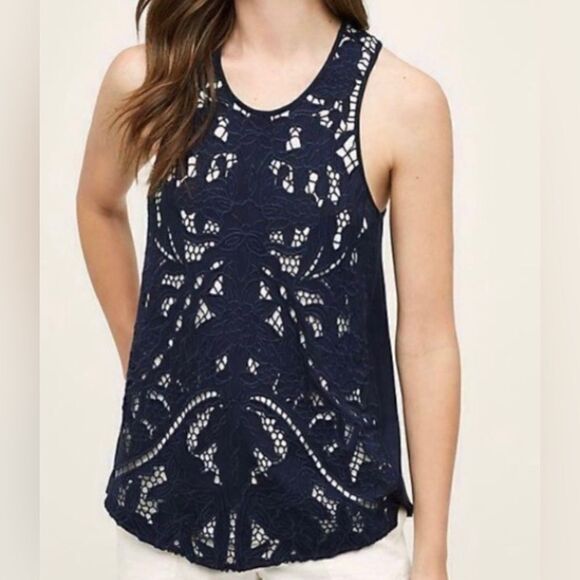 AKEMI + KIN Embroidered Crochet Lace Racerback Navy Blue Hi/Lo Tank Top Size S - Picture 1 of 12